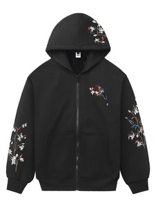 Men's <b>Black</b> Hooded Zip-Up <b>Sweatshirt</b> With Floral Bird Embroidery Regular Fit Casual Autumn Wear - Product Image 1