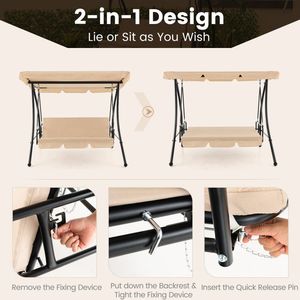 Fauteuil balançoire d'extérieur convertible 2 places avec lit plat et auvent réglable pour patios - Product Image 4