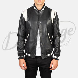 Blouson bomber en cuir véritable noir pour homme avec contraste blanc sur les épaules et poignets côtelés rayés, style classique, vêtement d'extérieur - Product Image 6