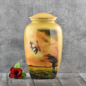 Wholesale Luxury Green Metal Cremation Urn Bulk <b>Memorial</b> Jar with Elegant Butterfly Art and Marble Texture Enamel Finish Design - Product Image 2
