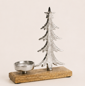Handcrafted Nickel-Plated Aluminum Christmas Tree Candle Holder With Natural Mango Wood Base Modern Festive <b>Tea</b> Light <b>Stand</b> - Product Image 2