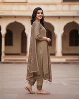 Salwar Kameez Tradisional Wanita 3 Potong Bahan Wol Jacquard Tenun Bermotif Geometris Etnik Anti Kusut Cepat Kering Kurta Celana Dupatta