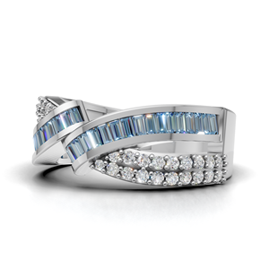 18K Gold <b>Blue</b> Baguette Cut Statement <b>Ring</b> with Double Row Round Pave Stones Luxury Fashion <b>Ring</b> - Product Image 3