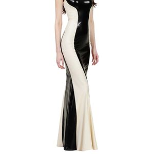 Robe de soirée sirène moulante sans manches à col roulé en PU noir et blanc avec blocs de couleur, longueur ras du sol - Product Image 2
