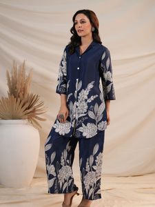 Conjunto Coordinado con Estampado Floral Azul Rey, Conjunto de Algodón, Conjunto con Estampado Floral de Algodón para Primavera y Verano, Conjunto Coordinado de Algodón Puro - Product Image 3