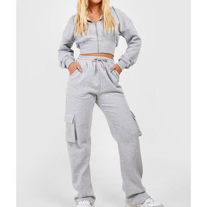 Women's Grey <b>Cropped</b> <b>Zip</b>-<b>Up</b> Hoodie Sweatshirt Full Sleeve Solid Woven Breathable Eco-Friendly Winter Front Logo - Product Image 2