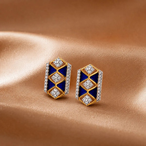 Golden <b>Blue</b> Enamel Geometric Diamond <b>Stud</b> <b>Earrings</b> - Product Image 4