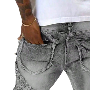 Vaqueros de mezclilla para hombre, gris, con lavado efecto nieve, desgastados, de pierna recta, apilados, rasgados y deshilachados, estilo casual urbano, corte relajado - Product Image 4