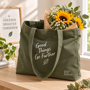 Sac fourre-tout en toile Good Things Go Further, sac de courses réutilisable écologique avec motif de feuilles, couleur verte - Product Image 1