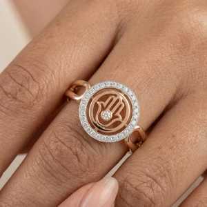 Anillo de Moissanita con Diseño Religioso de Círculo en Mano de Hamsa, Plata 925 Original con Baño de Oro Rosa, Joyería Judía para Fiestas, Regalo para Amigos - Product Image 2