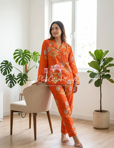 Premium Quality Hand-Printed Cotton Pajama Set for Women Nightwear Loungewear Aesthetic Indian Artisanal Cotton PJ Set - Product Image 5