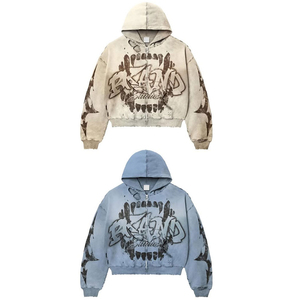 Custom Men Graphic Print Distressed Zip Hoodie Boxy Fit Acid Wash Streetwear Hoodie Y2K Frayed Hem Fleece Hoodie Manufacturer - Product Image 6