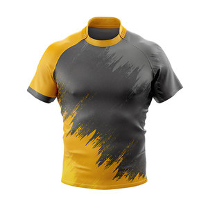 เสื้อกีฬาแบบรัดรูป สีเทาชาร์โคล-เหลือง ลายพิมพ์แบบ Brushstroke ด้วยเทคนิค Sublimation แขนสั้น ทรงแร็กแลน สำหรับฝึกซ้อมกีฬา - Product Image 1