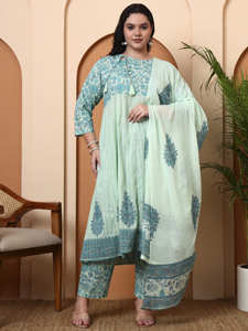 Ensemble Kurta, pantalon et dupatta imprimé vert menthe en coton, manches trois quarts, col rond, confortable, vêtements d'été pour femmes, tenue quotidienne - Product Image 1
