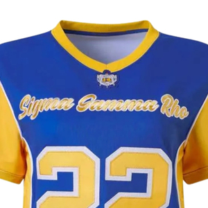 เสื้อฟุตบอลสีน้ำเงินขาว SGRho แขนสั้นหมายเลข 22 ชุดทีมกีฬาลายกราฟิก เสื้อฟุตบอลวิทยาลัยแบบกำหนดเอง - Product Image 3