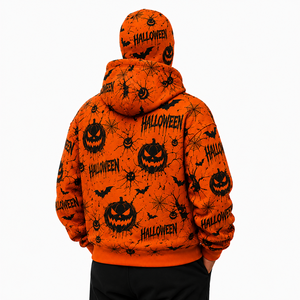 Custom Halloween All Over Print Full Zip Mask Hoodie Orange Oversized Streetwear Hoodie Heavyweight Fleece Zip Up Jacket for Men - Product Image 4