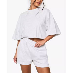 T-shirt court en molleton de coton pour femme, style décontracté d'été, avec 2 poches latérales, coupe ample, épaules tombantes, manches courtes - Product Image 5