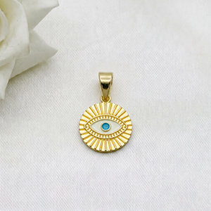 Pendentif en argent sterling 925 massif plaqué or avec émail blanc motif soleil et œil porte-bonheur, bijoux fins Memoria Jewels, vente en gros - Product Image 1