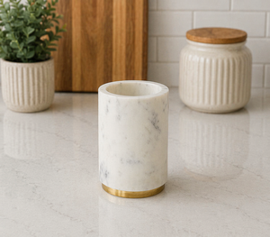 White <b>Marble</b> Round Storage <b>Jar</b> with Gold Base Handmade Luxury Bathroom Organizer Holder for Cotton Swabs and Accessories - Product Image 1