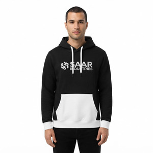 Men's Black Hooded <b>Fleece</b> <b>Sweatshirt</b> with White Panel and Front Logo Print Loose Fit Casual Winter ODM Anti-Pilling - Product Image 3