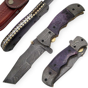 Couteau de poche en acier Damas avec motif de lame artistique, couteau pliant Damas fait main avec action d'ouverture fluide - Product Image 1