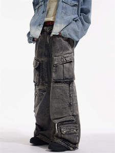 Pantalon cargo en jean délavé pour homme, coupe ample, taille mi-haute, style streetwear, en coton tissé pour l'automne - Product Image 1