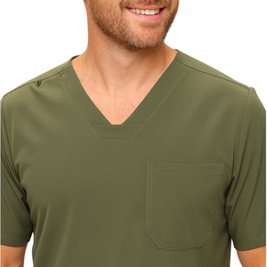 Ensemble de blouses médicales pour hommes vert olive, haut à col en V avec poche et pantalon à cordon, uniforme d'hôpital en tissu tricoté coton-polyester - Product Image 2