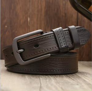 Ceinture en cuir véritable, cuir de vache, couleur unie, boucle à ardillon rectangulaire en cuivre, style décontracté, durable, moulage monobloc - Product Image 3