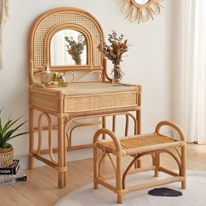Home Furniture Vanity Set Rattan Dressing Table <b>Mirrored</b> Makeup Tables Dresser with Chair Wholesale - Product Image 5