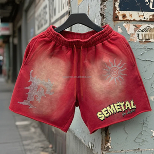 กางเกงขาสั้นทรงหลวมสำหรับฤดูร้อนสำหรับผู้ชาย กางเกงวิ่งดีไซน์เนอร์จากผู้ผลิต กางเกงขาสั้นผ้าฝ้ายแบบย้อมสีเอซิดประดับคริสตัลสำหรับผู้ชาย - Product Image 2