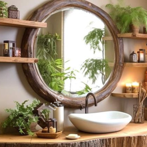 Lujoso Lavabo de Madera Maciza Artesanal Moderno y Ecológico con Espejo Incluido y Diseño Artístico de Corteza de Árbol - Product Image 2