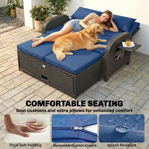 Sofá Cama de Ratán Azul Marino para Patio con Respaldo Ajustable, Otomana de Almacenamiento, Muebles de Mimbre para Exteriores con Mesas Auxiliares - Product Image 6