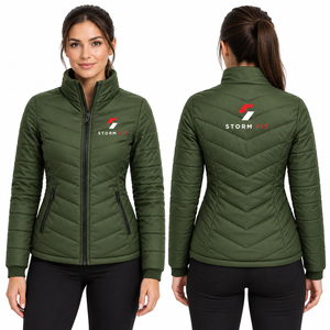 Veste d'hiver matelassée pour femme, manches longues, col montant, fermeture éclair, manteau coupe-vent bleu avec doublure en nylon et broderie - Product Image 4