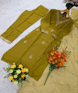 FANCY MUL CHANDERI SEQUENCE EMBROIDERY WORK <b>TOP</b> BOTTOM WITH DUPATTA <b>FESTIVE</b> WEAR WHOLESALE PRICE ETHNIC GARMENT GREEN - Product Image 4