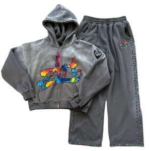 Sweats à capuche personnalisés zippés avec strass Sweat à capuche avec impression bouffante, délavé à l'acide Sweats à capuche et sweat-shirt lourds avec logo personnalisé pour hommes - Product Image 1