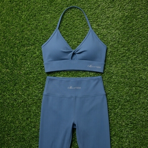 Women Blue Ribbed Halter <b>Crop</b> Sports Bra High Waist <b>Leggings</b> Yoga Set Gym Fitness Workout Activewear Set - Product Image 5