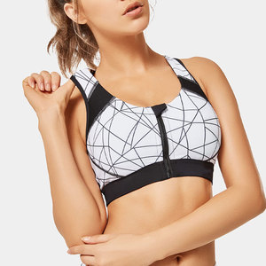 Soutien-gorge de sport respirant à maintien élevé pour femme, en Spandex/Polyester uni, sans couture, dos nageur, avec fermeture éclair frontale et détails en cristal - Product Image 3