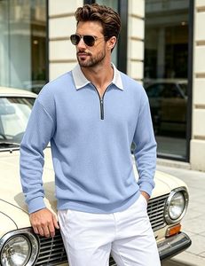 Men's Light Blue Knitted Quarter <b>Zip</b> Pullover Long Sleeve Casual <b>Shirt</b> Turn-down Collar Solid Color Autumn Wear - Product Image 4