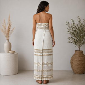 <b>Womens</b> Linen Blend Wrap <b>Skirt</b> Tribal Embroidery Adjustable Fit Lightweight Breathable Casual Elegant Boho Style | Summer Wear - Product Image 3