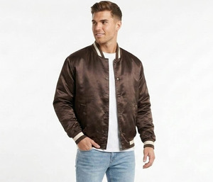 Men's Brown Satin Varsity Jacket Regular Fit Solid Color Turn-down Collar Button Closure Left Sleeve Logo Autumn Casual Wear - Product Image 2