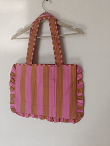 <b>For</b> Brown Striped Quilted Cotton <b>Laptop</b> Tote <b>Bag</b> with Ruffles Shoulder <b>Carry</b> Cute Style Large Capacity Daily Use - Product Image 2