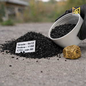 Carbón de Recuperación de Oro de Alta Cinética GAC CTC 60 de Cáscara de Coco 6x12 de Baja Pérdida para Optimización de Plantas CIP CIL de Minería Africana, 99% de Pureza - Product Image 1