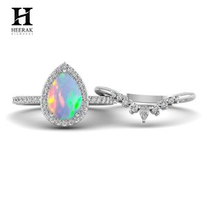 Boho Teardrop Opal Wedding <b>Ring</b> <b>Set</b> Crown Curved Moissanite Enhancer Band 10K 14K <b>Gold</b> October Birthstone Jewelry Wholesale - Product Image 4