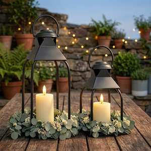 <b>Black</b> Metal Candle Lantern Set of 2 Iron Candle Holder Minimalist Indoor Outdoor Decor for Wedding Home Party Christmas Garden - Product Image 3