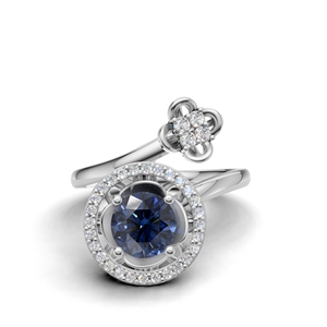 Élégante bague de fiançailles en or blanc/rose et jaune 18 carats avec saphir bleu et halo de pierres précieuses, design floral en grappe - Product Image 1