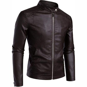 Chaqueta de cuero genuino de vaca al por mayor con hombreras y mangas acolchadas, cuello alto y bolsillos con cremallera - Product Image 1