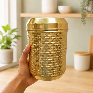 Recipiente de Latón con Tapa y Patrón Tejido Dorado, Recipiente de Almacenamiento de Metal de Lujo para Cocina, Té, Café, Especias, Frutos Secos - Product Image 3
