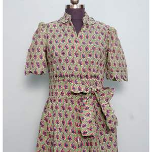 Robe longue maxi en coton bio 100 %, imprimée à la main, style bohème, avec longues manches bouffantes, idéale pour la plage. - Product Image 4