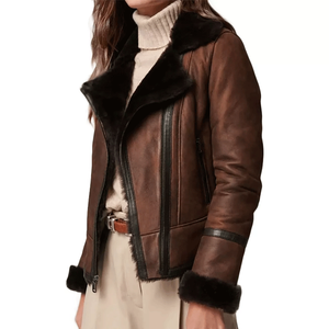 Women's Genuine Leather <b>Racer</b> <b>Jacket</b> Solid Color Zipper Closure Sherpa Lined Autumn Winter Outerwear Regular Length Full Sleeve - Product Image 3