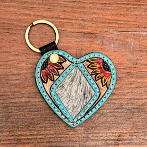 Nouveaux cheveux occidentaux sur cuir usiné à la main en forme de coeur porte-clés en cuir véritable sculpté porte-clés Turquoise tournesol porte-clés de luxe - Product Image 2